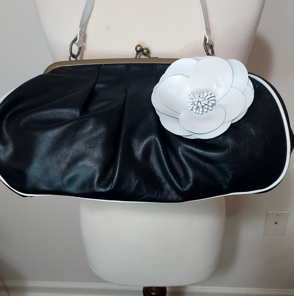 Moda International Black and White Medium Size Shoulder Purse with Floral Detail